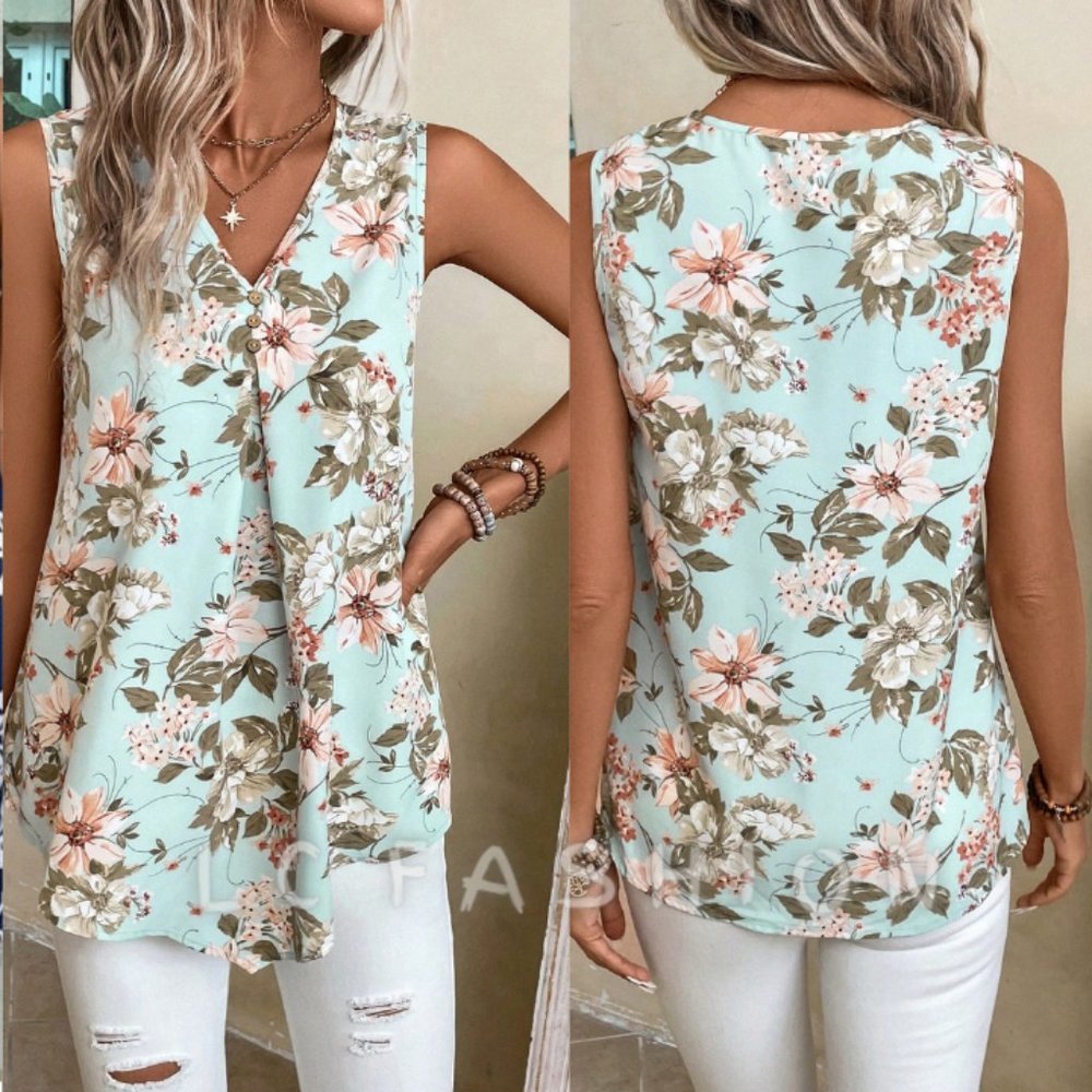 Boho Blouse, Floral Print V Neck Sleeveless Blouse, Summer Top